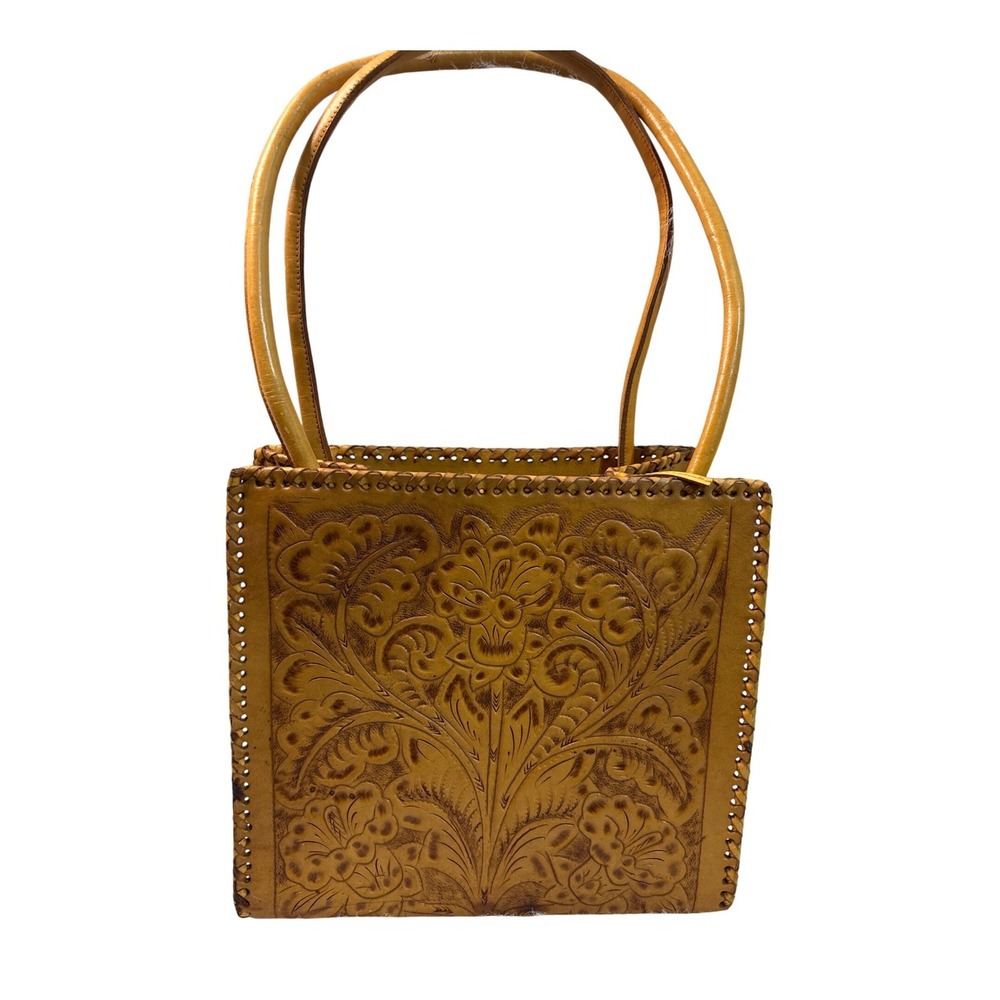 Vintage Hand Tooled Leather Floral Tote Bag Tan Whipstitch Boho Western Shoulder